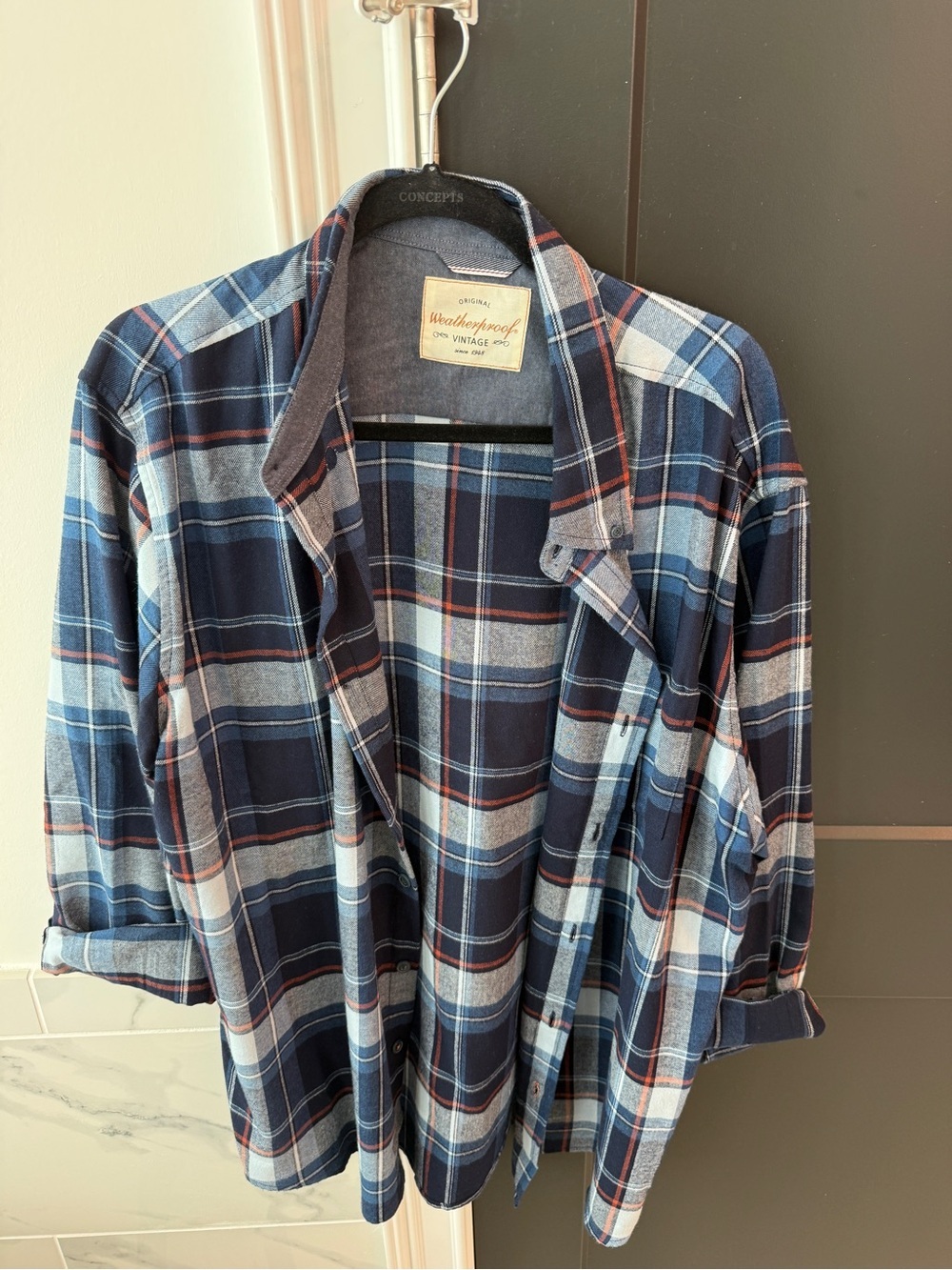 Weatherproof Men's Navy and Light Blue Plaid Button-Down Shirt